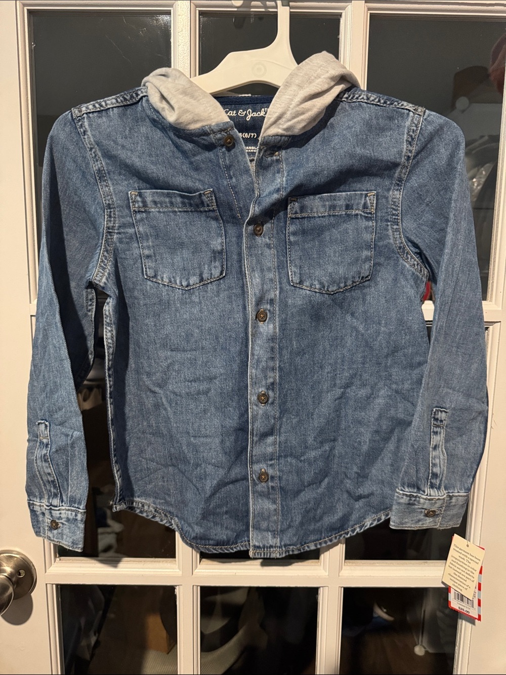 Size Small (6/7) Cat & Jack Light Blue Denim Jacket with Gray Hood